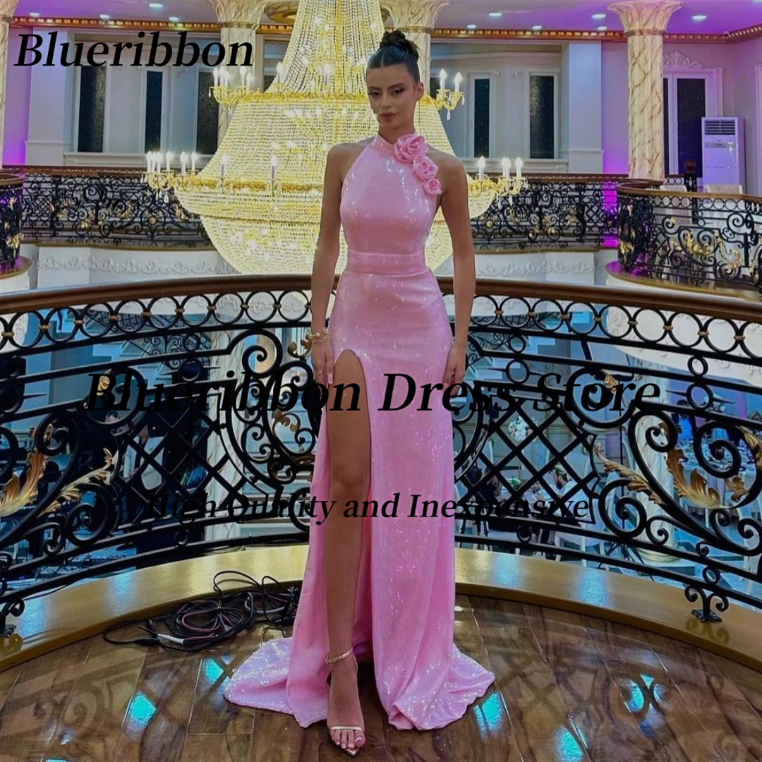 Blueribbon Pink Sequins Side Slit Long Prom Dresses with Flowers Halter Neck Sleeveless Birthday Party Backless Evening Gowns