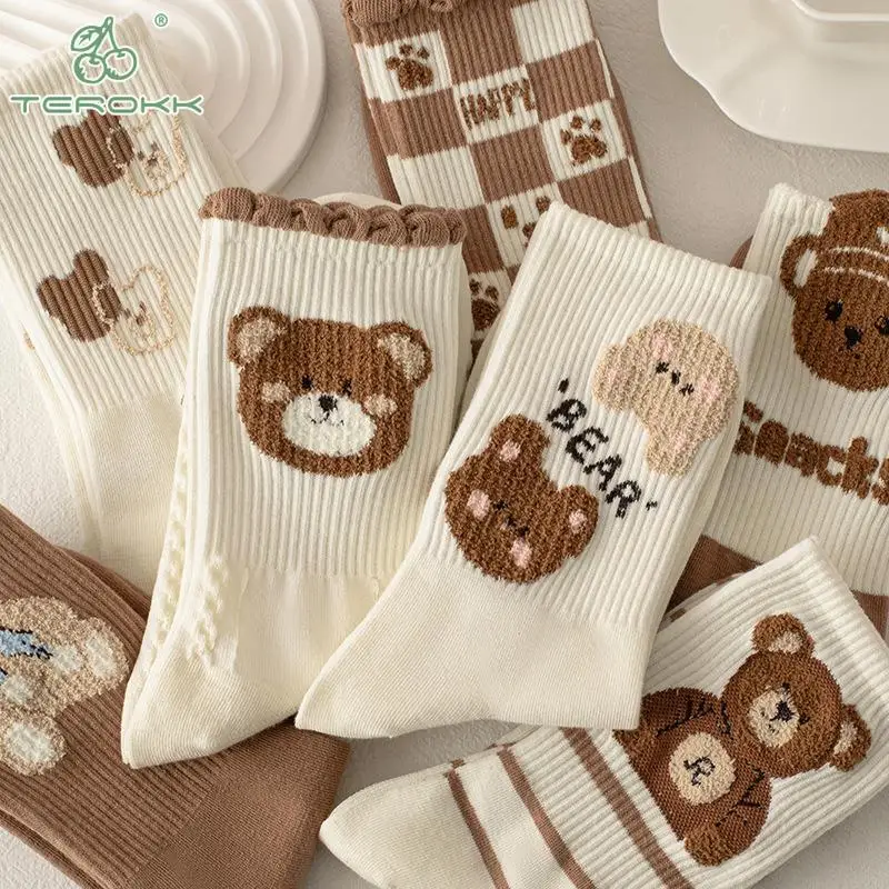 Japan Harajuku Cartoon Brown Bear Theme Cotton Socks Kawaii Print Funny Middle Tube Socks Fashion Skateboard Woman Socks New