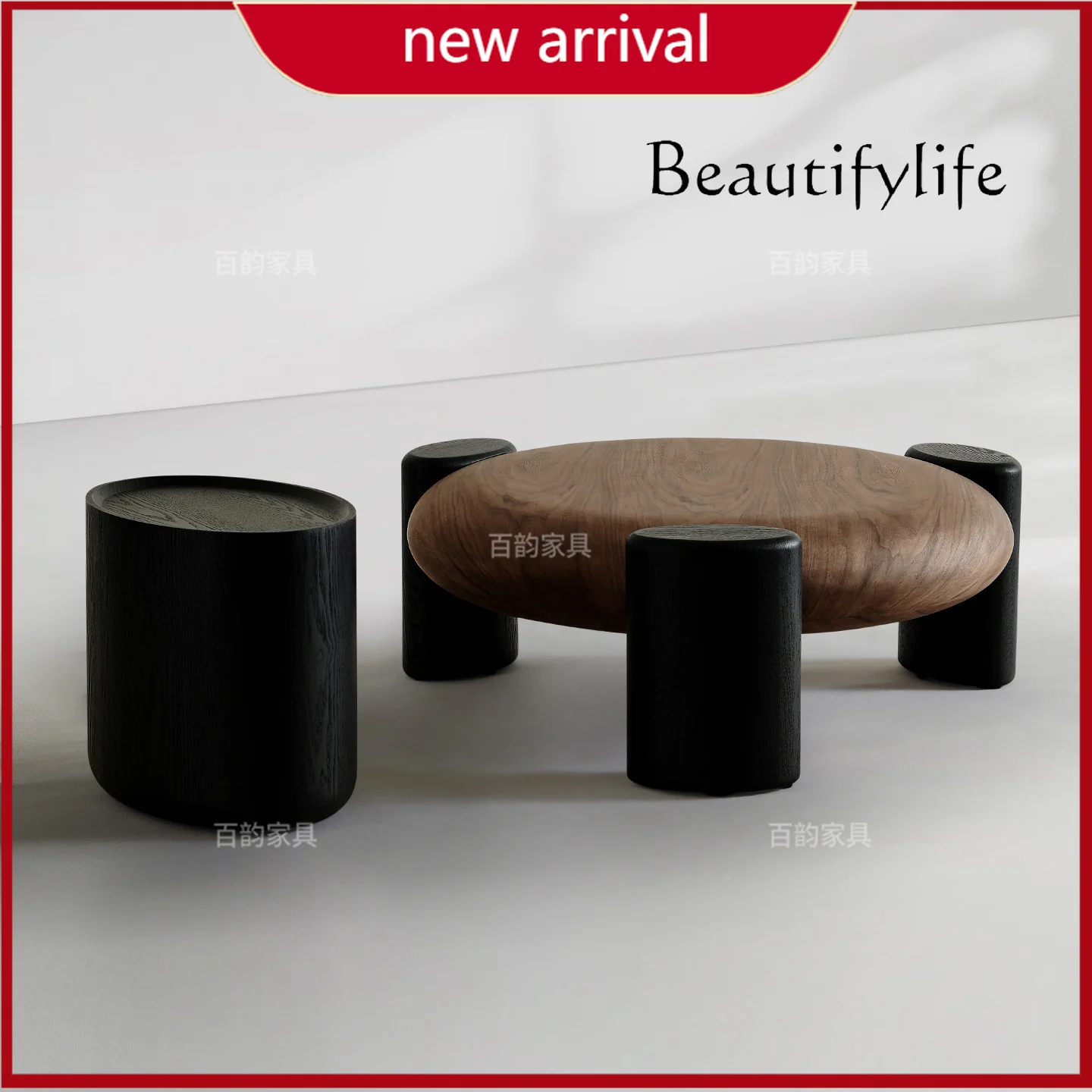 

c Modern simple living room household antique small apartment black walnut round coffee table size combination