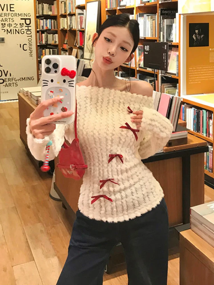 

Multi-bow Sweaters Women Slash Neck Fashion Sweet Girl Autumn Hotsweet Ins All-match Pullovers Stylish Lovely Off-shoulder Cozy