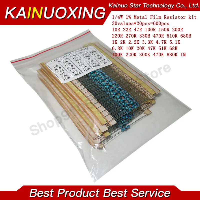 

30values=600pcs/set 1/4W Resistance 1% Metal Film Resistor Pack Assorted Kit 1/4W 1K 10K 47K 100K 10R 22R 100R 470R 1M Resistors