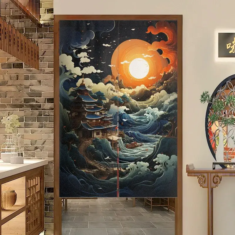 VIKAMA Japanese Style Landscape Door Curtain, Simple Printed Noren, Aesthetic Kitchen Bedroom Partition Curtain Home Decor