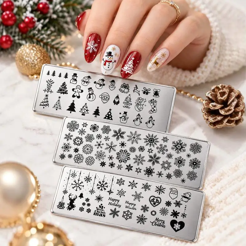 1/3Pcs Christmas Nail Art Stamping Plate Drawing Template Winter Snowflakes Floral Christmas Image Stencil Mold Nail Tools