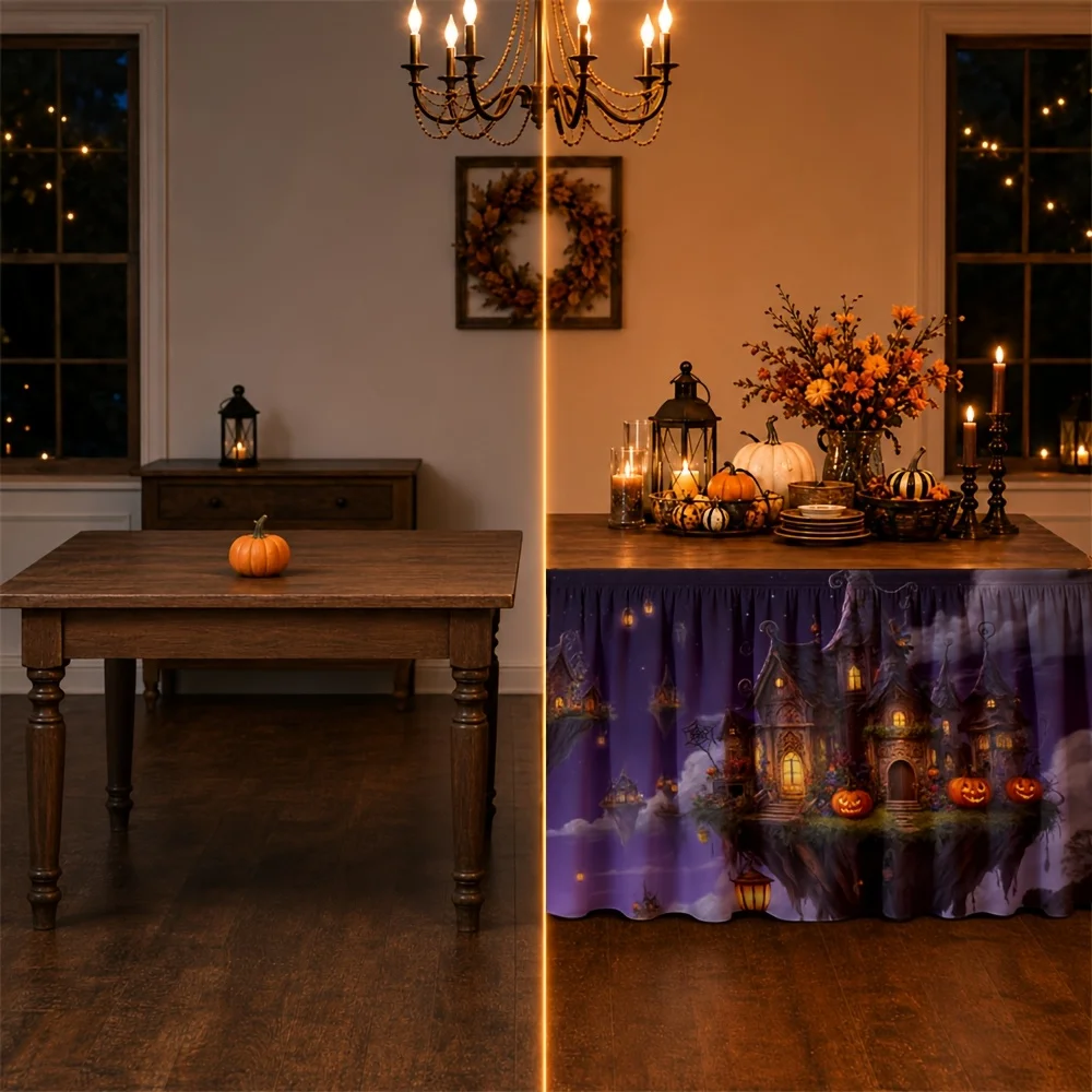 1 piece of tablecloth, Halloween ghost castle floating island, pumpkin lantern, purple night Fantasyzyc