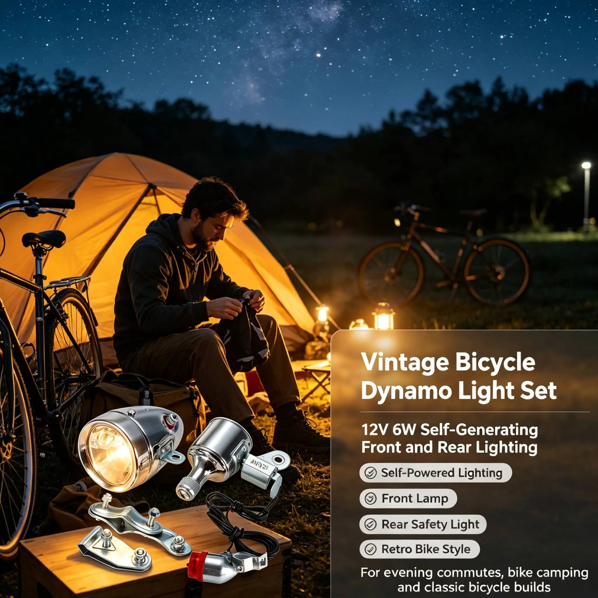 Bicycle Dynamo Headlight Kit with Friction Generator and Metal Bracket for Vintage Style Bike Lighting
