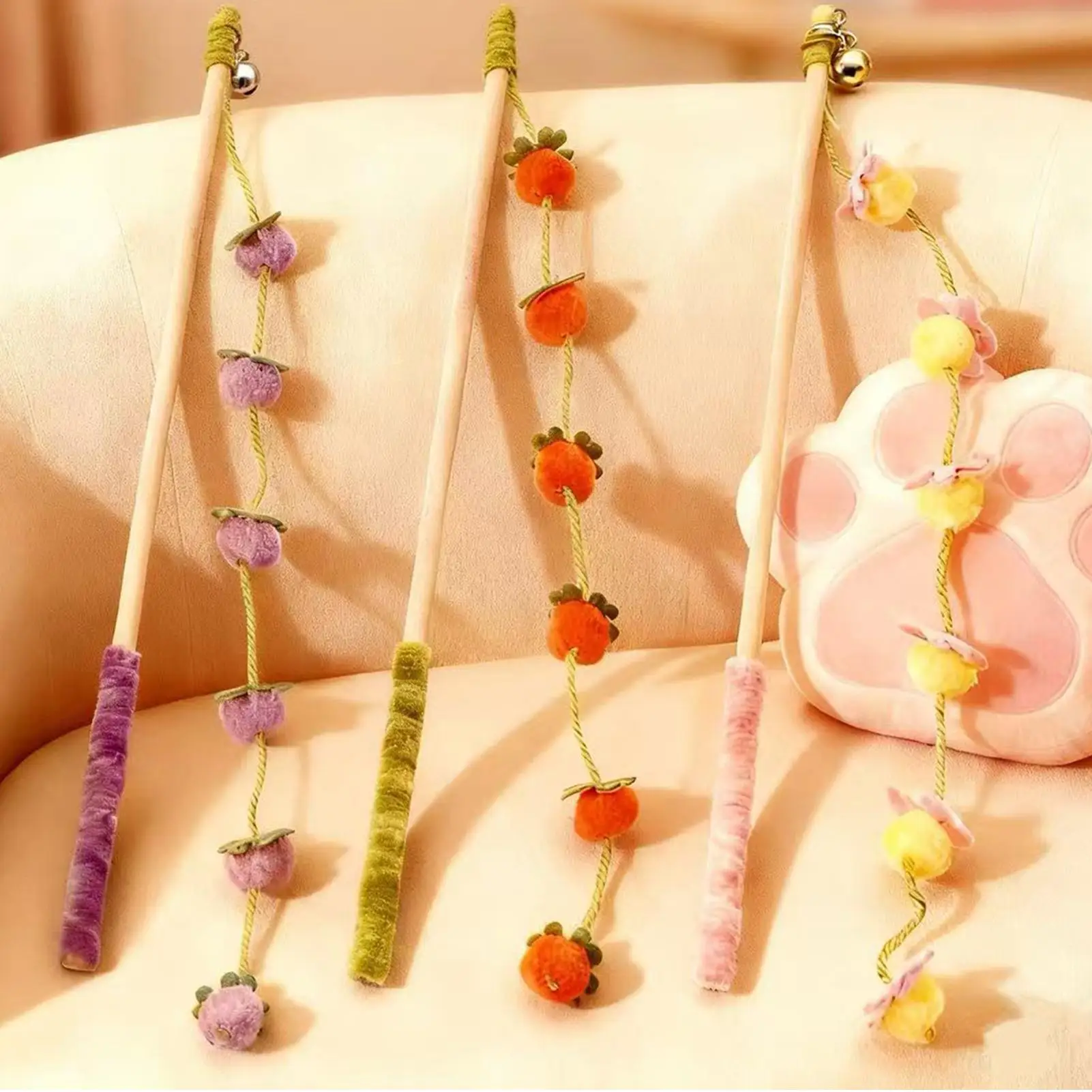 Cat Wand Toys 15.7 Inch Wooden Fruit-Shaped With Anti-Slip Handle Cat Teaser Toy For Indoor Kitten Playing Exercising Teeth