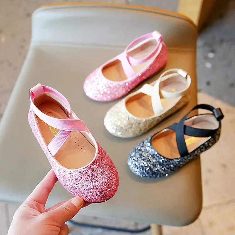 

Princess Glitter Leather Girls Shoes Soft Comfortable Shiny Sequined Kids Shoes Sweet Wedding Dress Party Flats Mary Jane Shoes