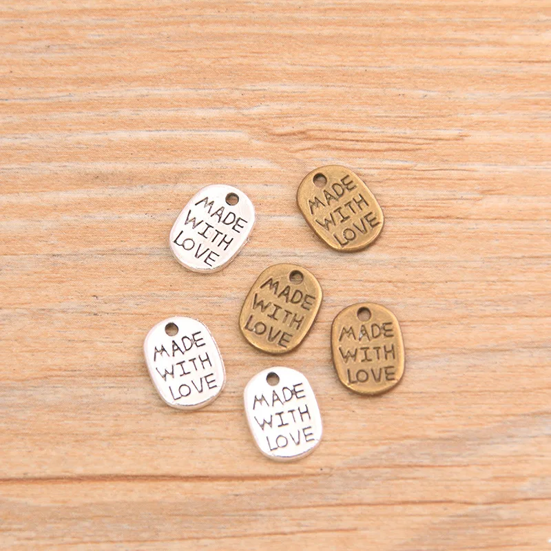 40pcs/Lot  Made With Love Metal Labels Vintage Letter Charms Handmade Pendants Handmade Tags DIY Jewelry Making Findings 8x11MM