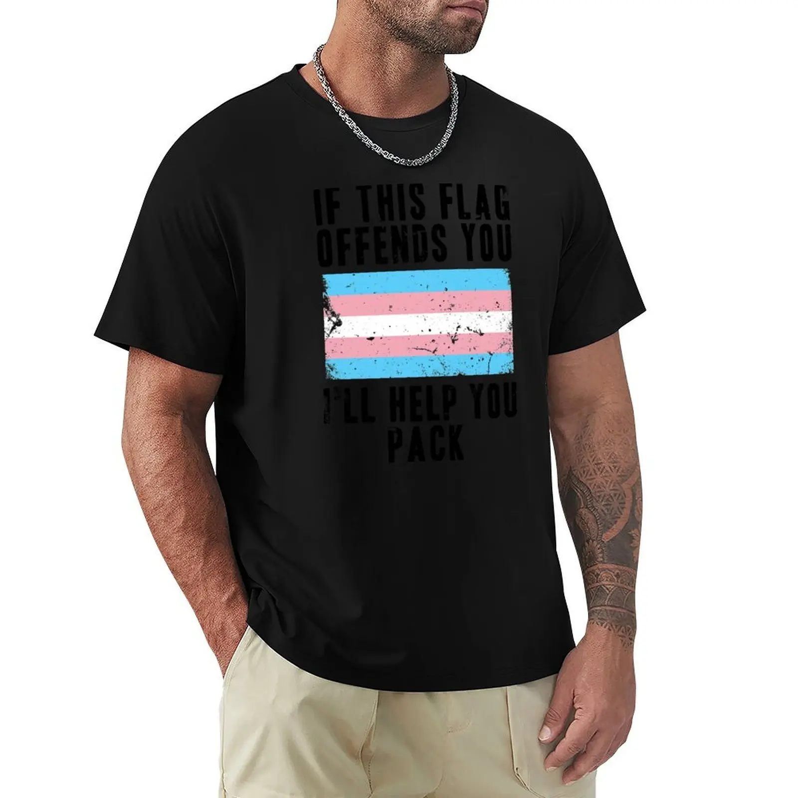 If This Flag Offends You I'll Help You Pack Trans Flag T-Shirt Plus Size Basic Cotton T-Shirt