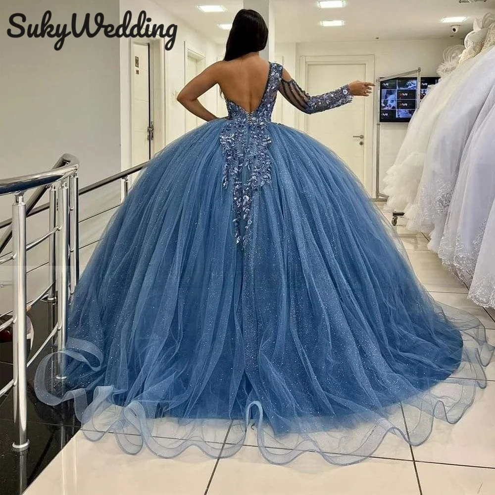 Blue Princess Quinceanera Dresses One Shoulder Sweet 16 Prom Gowns Flowers Beading Lace Applique Corset Vestidos Customized