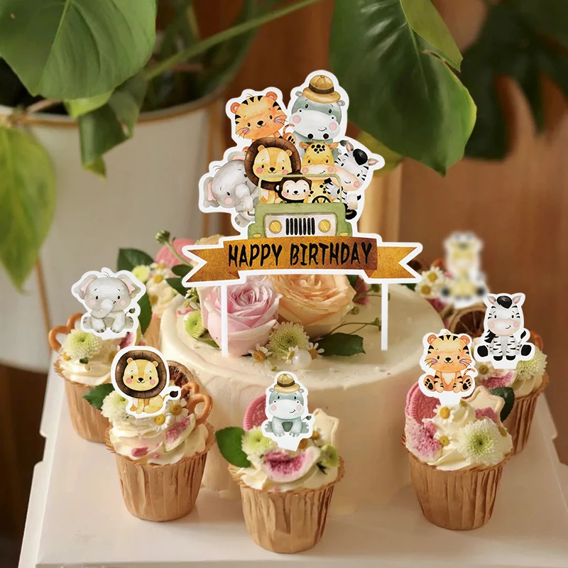 

Jungle Cartoon Animal Cake Topper Dessert Cupcakes Lion Giraffe Elephant Cake Decoration For Birthday Party Kids Gift