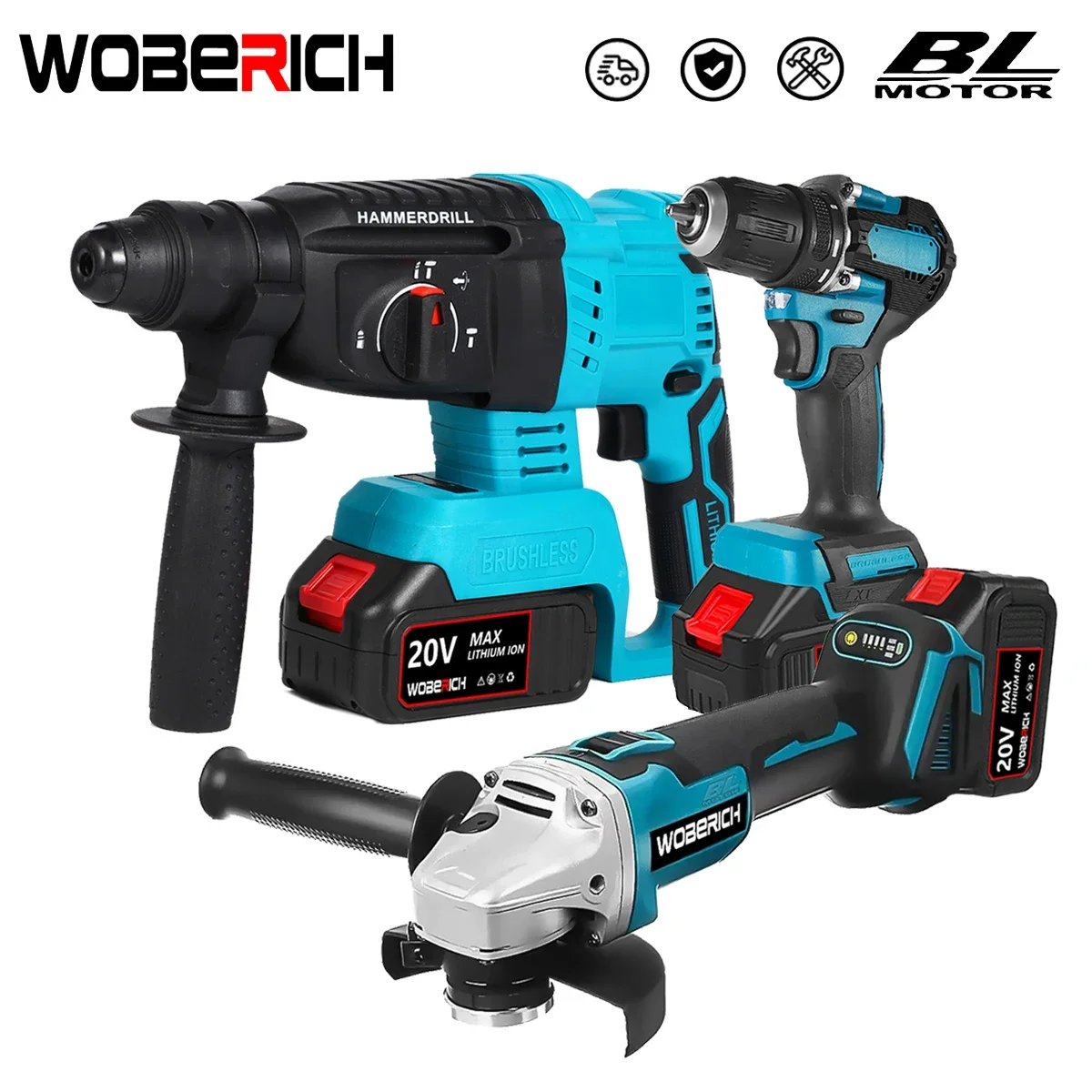 

Brushless 125MM Electric Angle Grinder 13mm Impact Drill Rotary Hammer Combo Kit Power Tool Sets For Makita/WOBERICH 18V battery