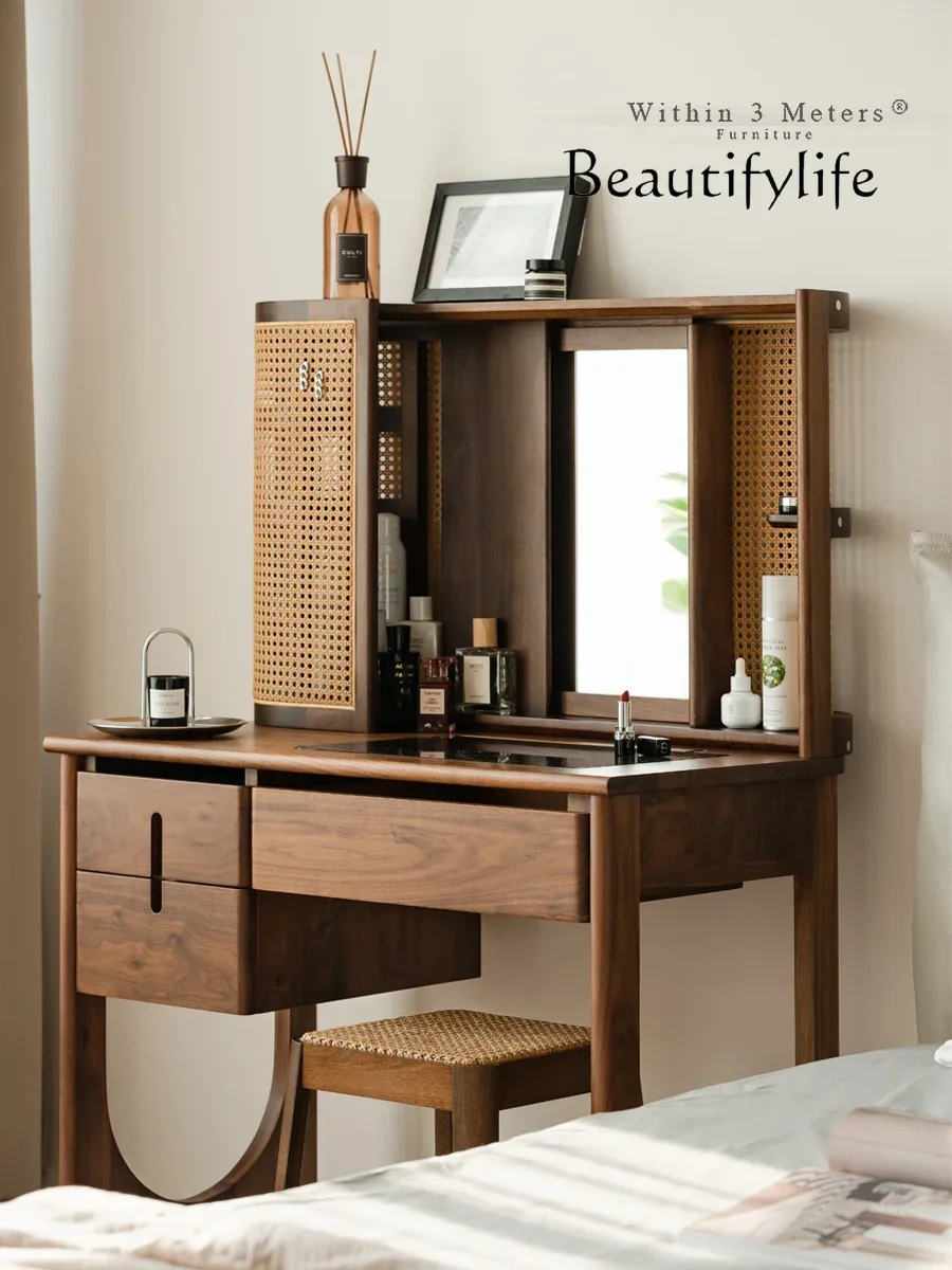 N19 Retro Rattan Dressing Table Bedroom Storage Small Apartment Makeup Table Light Luxury Solid Wood Dressing Table