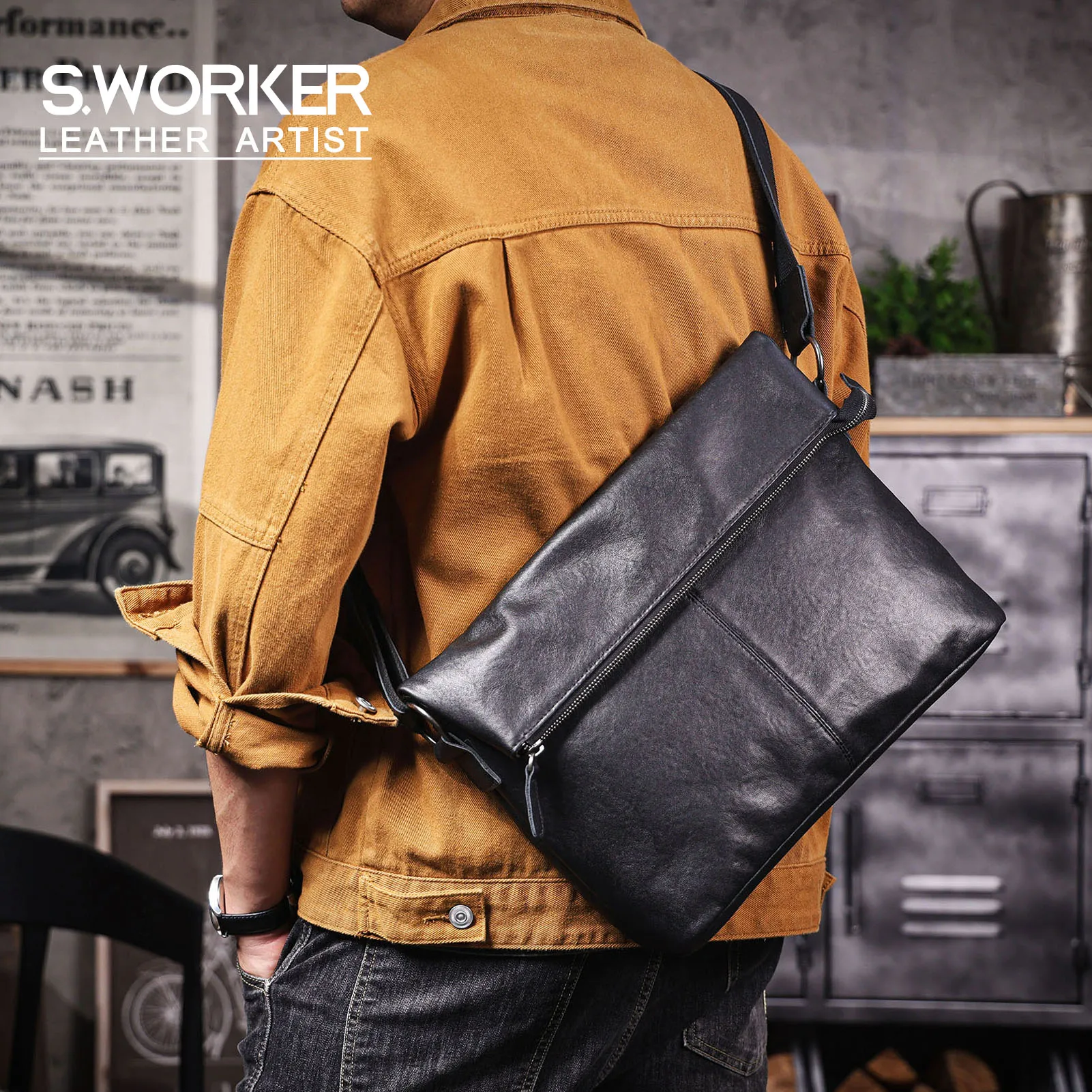 Echte Leder-Umhängetasche für Herren, Crossbody-Laptoptasche, einfache Rindsleder-Tasche aus pflanzlich gegerbtem Leder, modisch und lässig – Detail 2