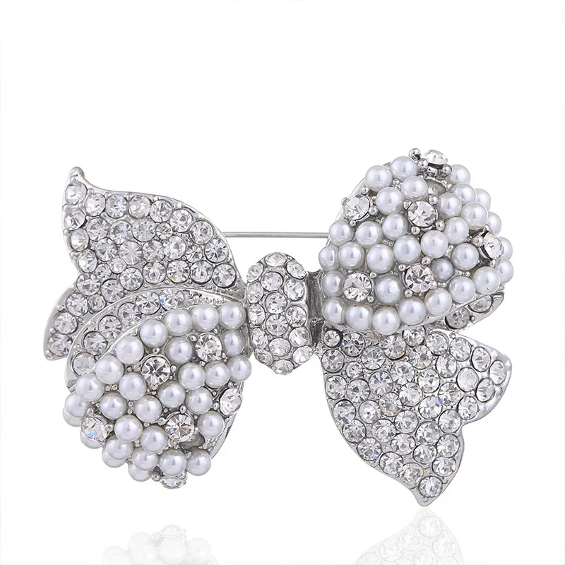 Sweet Pearl Bowknot Brooch Rhinestone Women Costume Jewelry Trendy Corsage Pin Wedding Fashion Accessories Cute Gift