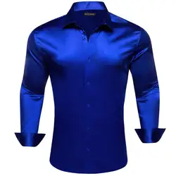 Designer Silk Mens Shirts Mercerized Solid Satin Royal Blue Long Sleeve Casual Business Slim Fit Male Blouses Tops Barry Wang