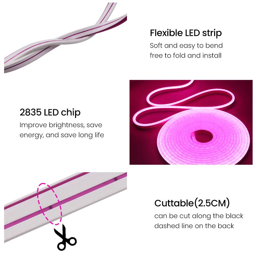 DC 12V 24V LED Neon Light Strip Waterproof Neon Sign 6X12mm Silicone Rope Lights Flexible Lamp Decoration with DC Plug/2pin Wire