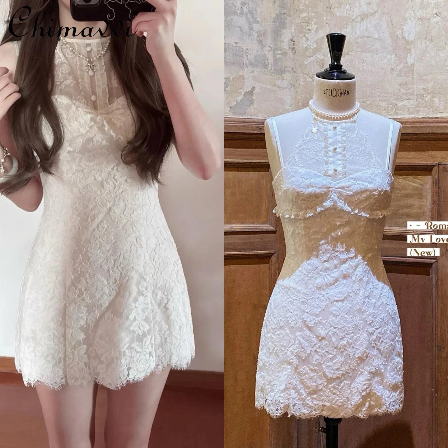 

French Elegant Socialite Sleeveless Off-Shoulder Halter High Waist Slim A-line White Lace Princess Short Dress Women's Summer