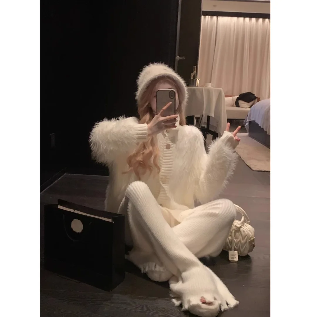 Mohair Mink Cashmere Sueters De Mujer Temperament Sweater Women High Neck White Cardigans Style Autumn Knit Jacket Top