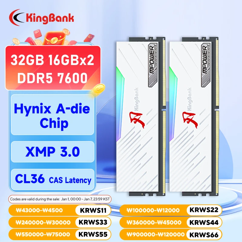 KingBank Memoria Ram RGB DDR5 16 GB 7600 MHz MPOWER XMP 3.0 16 GB x 2 Stück UDIMM Desktop UDIMMRAM PC Computerspeicher Hynix A Die Chip