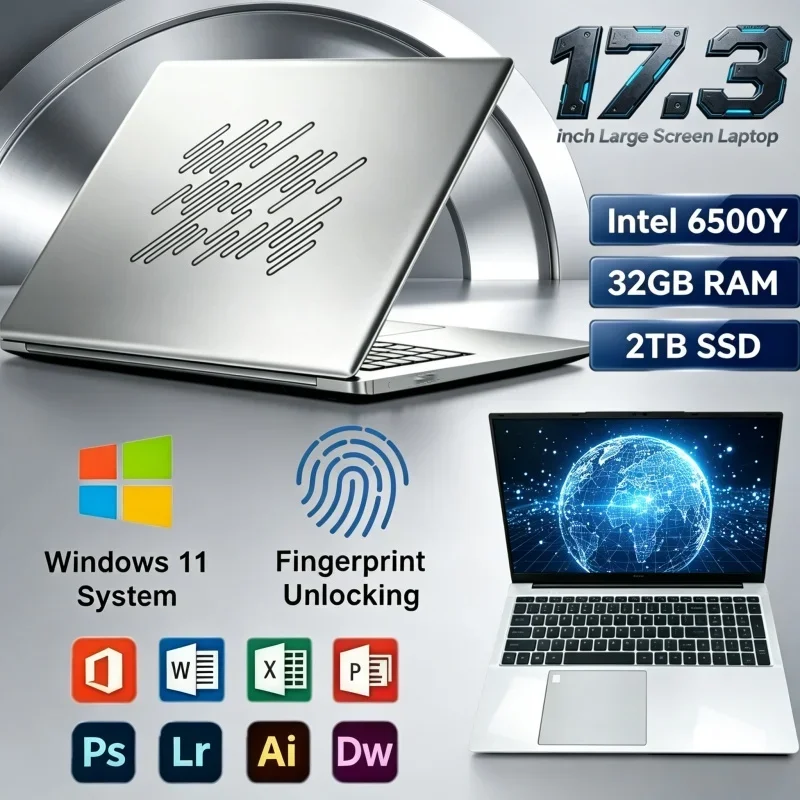 17.3 Inch Intel 6500Y Portable Computer 32GB RAM 2TB SSD Windows11 Fingerprint Unlock Laptop For Family Web & Media