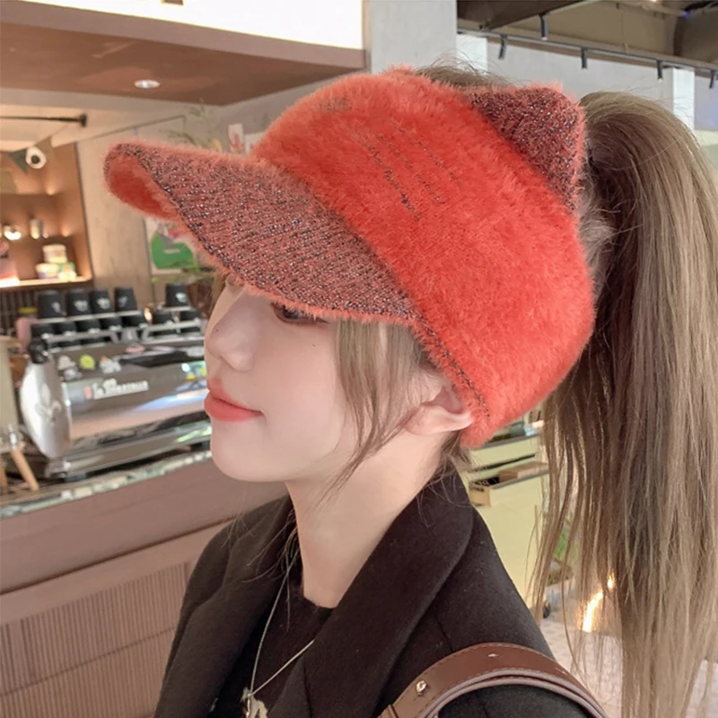 Autumn and winter knitted wool cap Warm plush hollow cap Cat-shaped wool cap Women\'s duck tongue cap Knitted ponytail cap