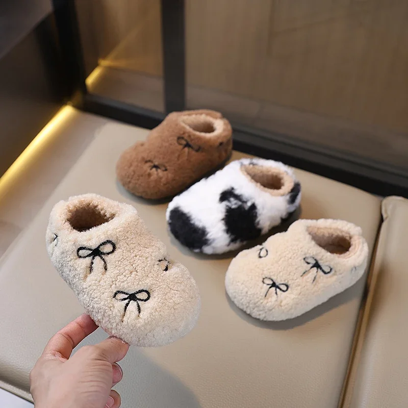 2025 Kid Furry Flat Slippers Winter New Girls Patchwork Causal Cotton Shoes Warm Fashion Children's Plush Slippers Home Non-slip