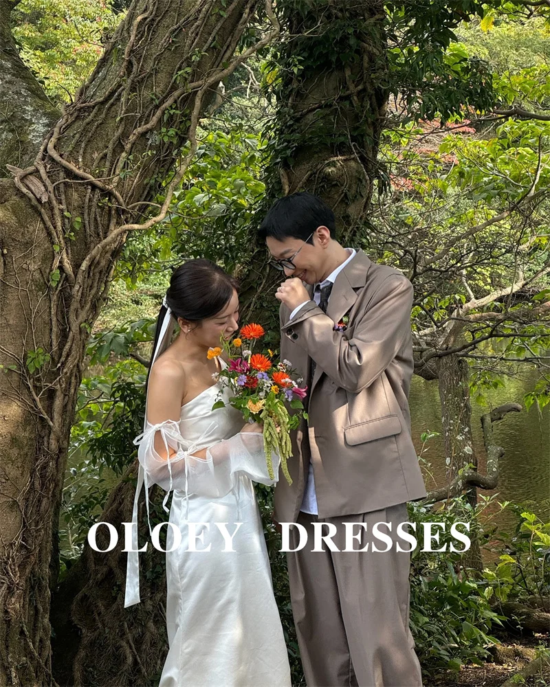 OLOEY Simple White Silk Wedding Dresses Korea Photo shoot Silk Long Sleeves Corset Back Bride Gowns Floor Length Customized