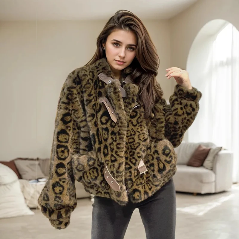 Leopardo impresso jaquetas femininas moda versátil diamantes gola de pele do falso cardigan casaco inverno nova pelúcia quente jaqueta curta