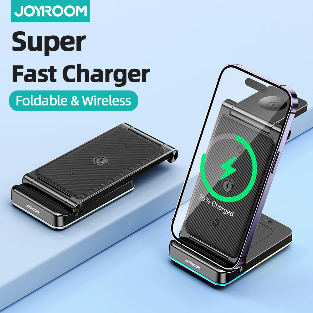 Joyroom  3 in 1  Foldable Wireless Charger On Table Multiple 15W Fast Charging Station For Apple Watch For Phone For Airpods