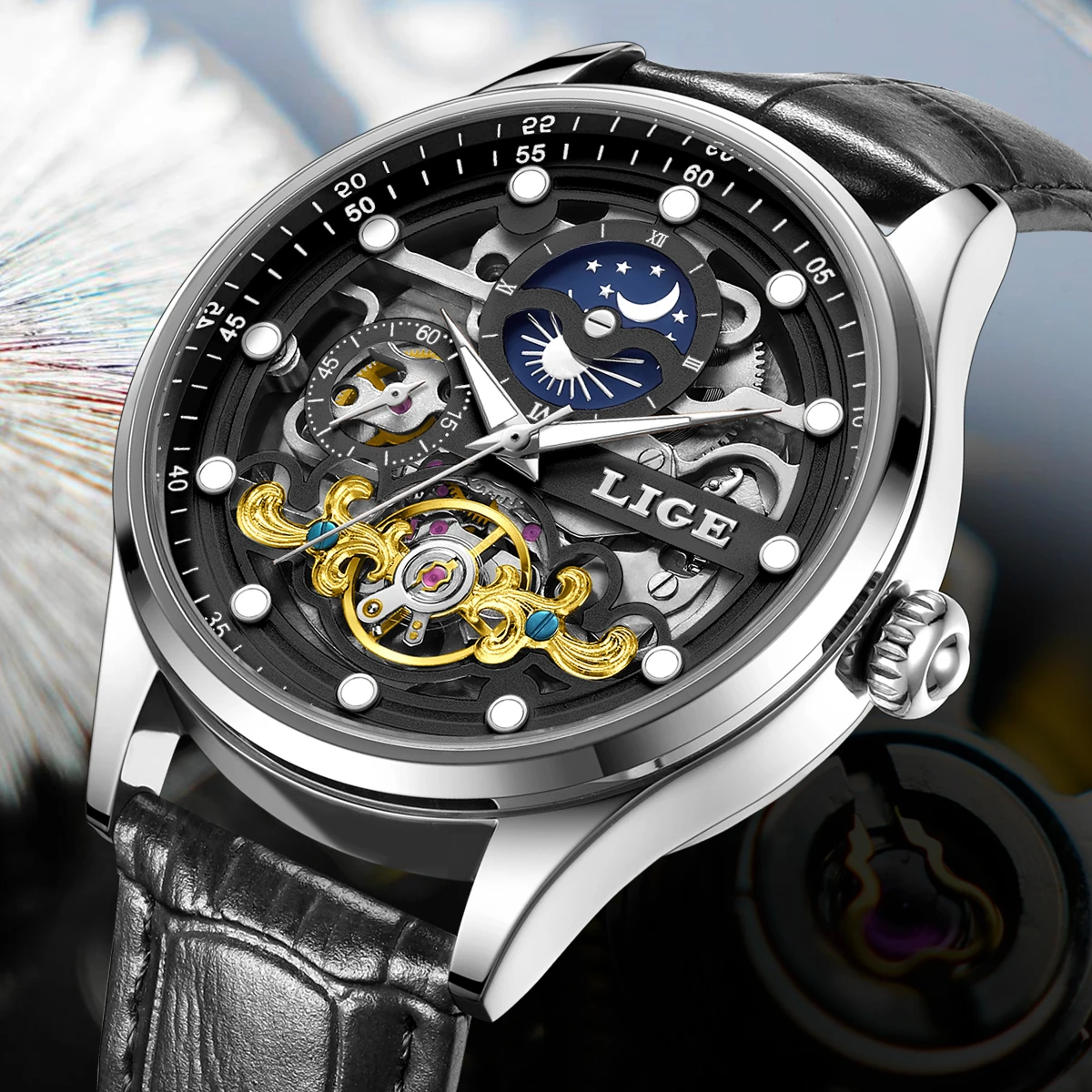 

LIGE business men's watch fashion leather mechanical watch luminous moon phase luxury waterproof mens wristwatch reloj hommes