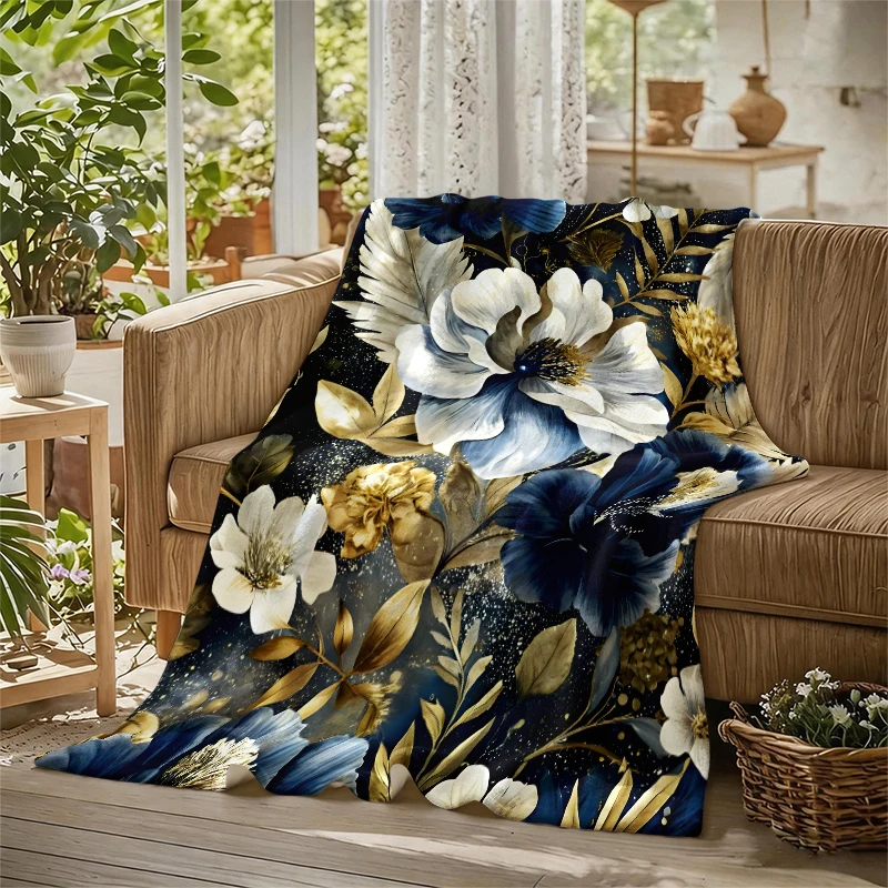 Blue White Gold Blooms Flannel Blanket Soft Warm Christmas Halloween Blanket for Lightweight Cozy Room Home Decor Gifts