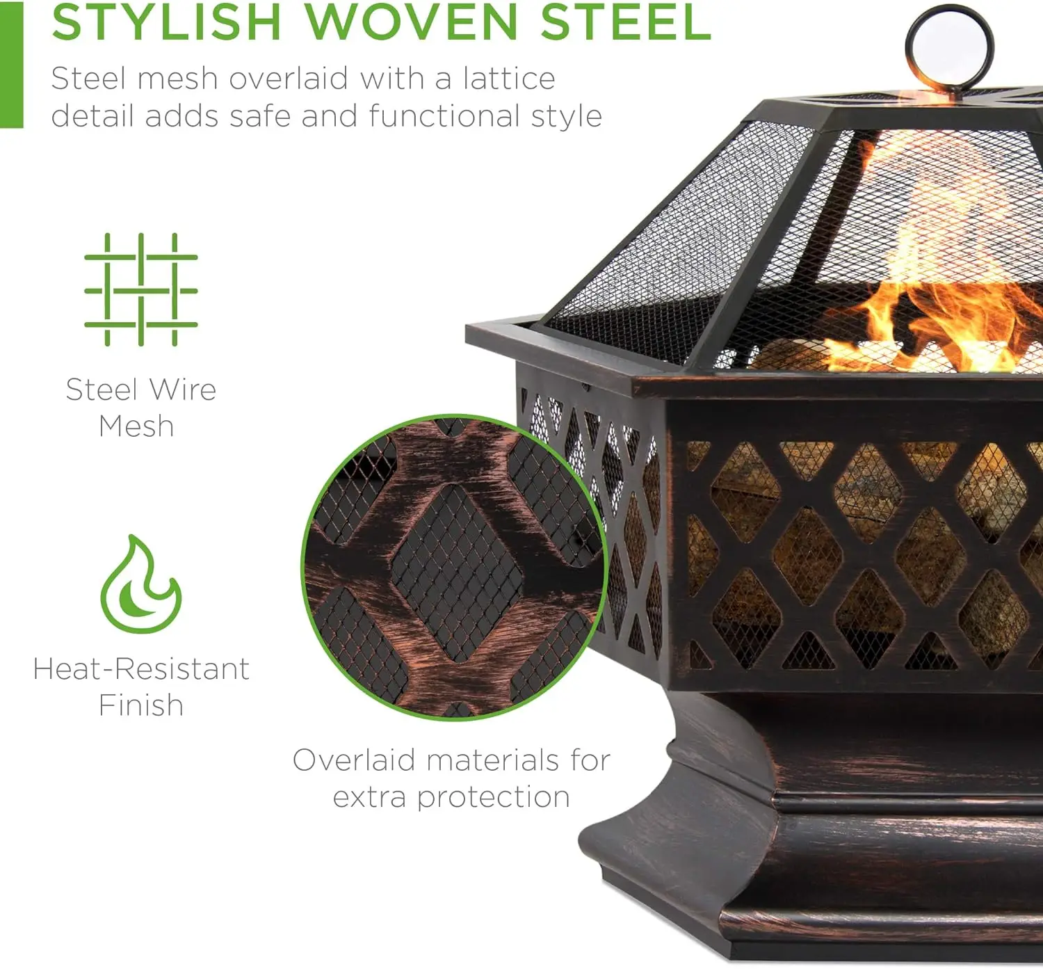 Black Metal Wood Burning Firepit, Portable Hexagon Fire Bowl for Outside, Patio, Backyard w/Flame-Retardant Mesh Lid