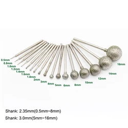 F-Needle Ball Type Galvanizado Diamond Head, Shank Burr, Bocados de polimento para ferramentas rotativas Dremel, 2, 35,3mm, 0,5-16mm, 5pcs