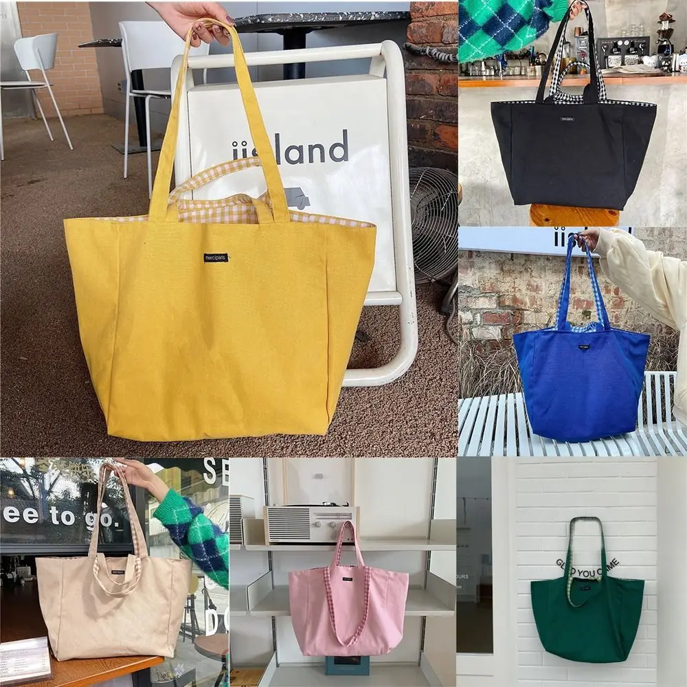 Korean Style Plaid Double-side Canvas Bags Office Worker Tote Shoulder Bag Solid Color Vacation Tote Bag Large Capacity Women