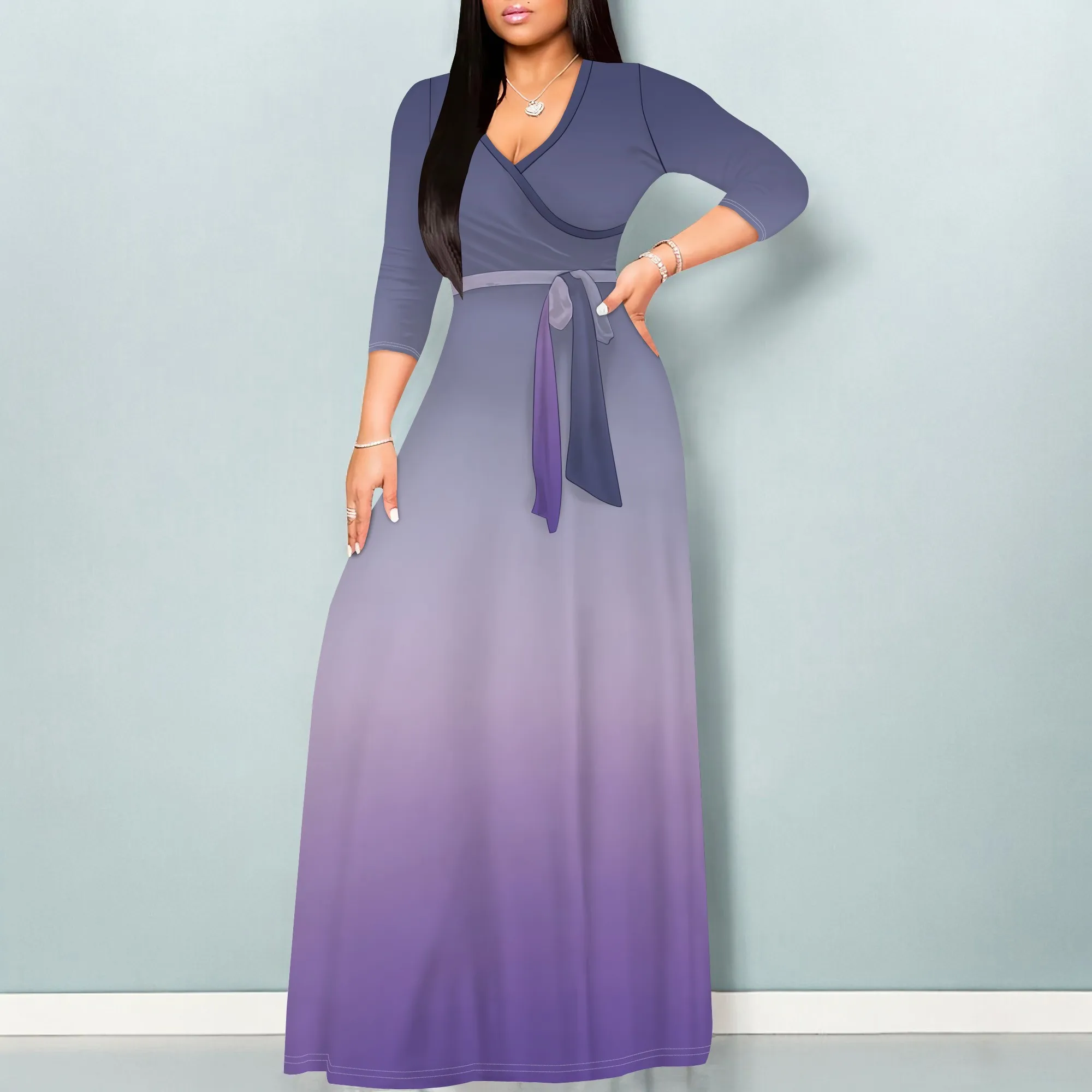 Abiti estivi casual da donna Maxi manica a 3/4 Sexy scollo a V profondo aderente avvolgente Abito da vacanza al mare fluido con cintura