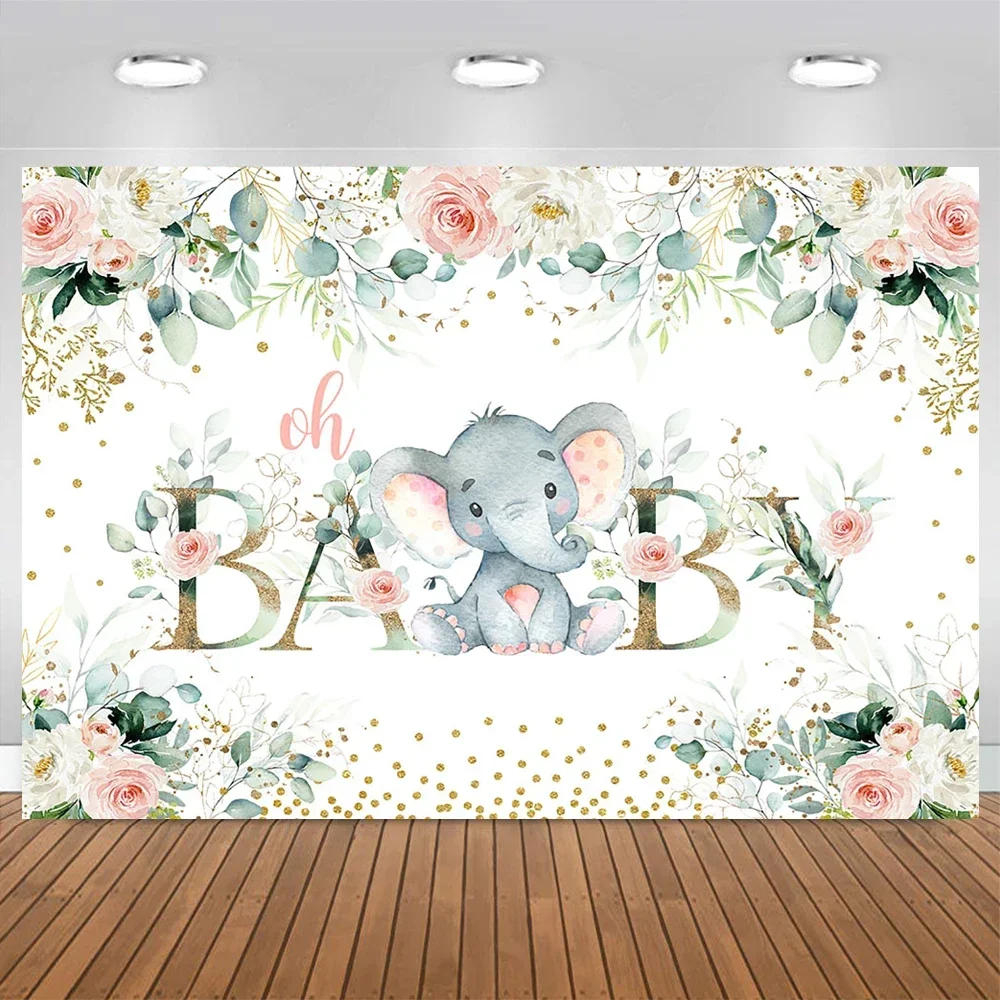 Mocsicka Elephant Girl Baby Birthday Decoration Pink Floral Green Leaf Golden Dot Glitter Photography Backdrop Children Portrait