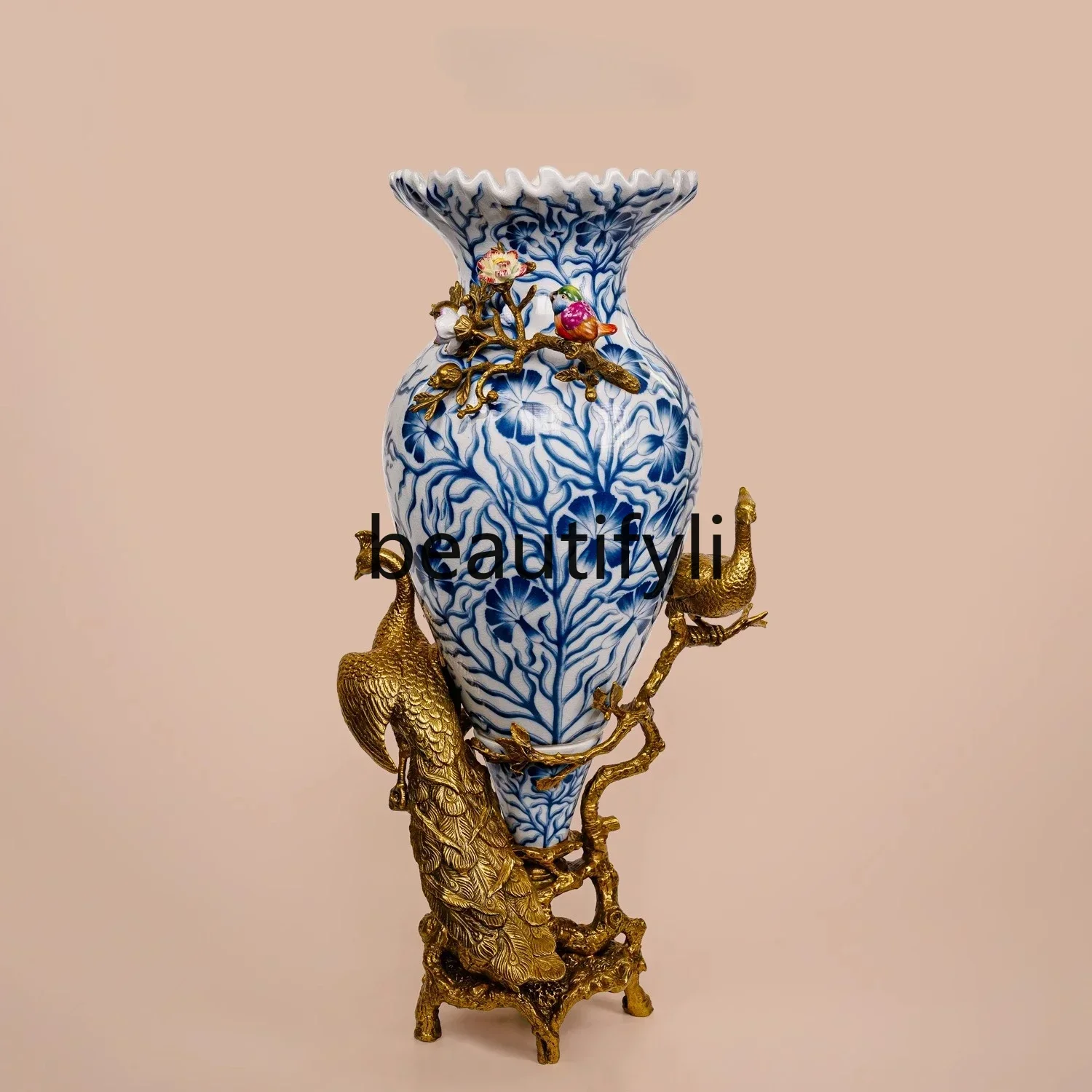 

54New Copper and Ceramic Vintage Soft Decoration Blue and White Porcelain Vase Stand Living Room Entrance Ornament