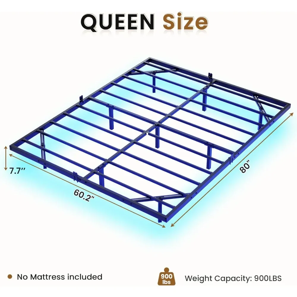 Floating Bed Frame Queen Size with LED Lights, Metal Platform Queen Bed with Heavy Duty Steel Slats and 4 Mattress Slide Stopper