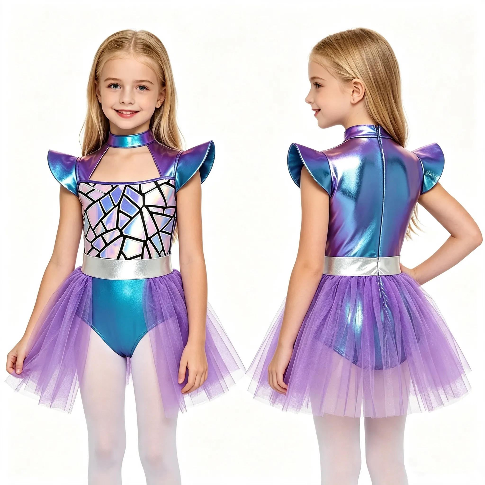 Girls Alien Dance Bodysuit Dress Metallic Shiny Sequin Cap Sleeve Leotard Tutu Halloween Carnival Robot Space Cadet Costume