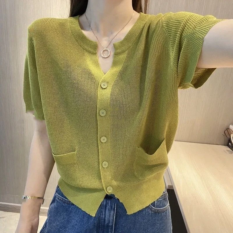 Women Stylish V Neck Short Sleeve Single Breasted Ice Silk Knitted Cardigan 2024 Summer Casual Solid Pocket Loose Chic Knitwears