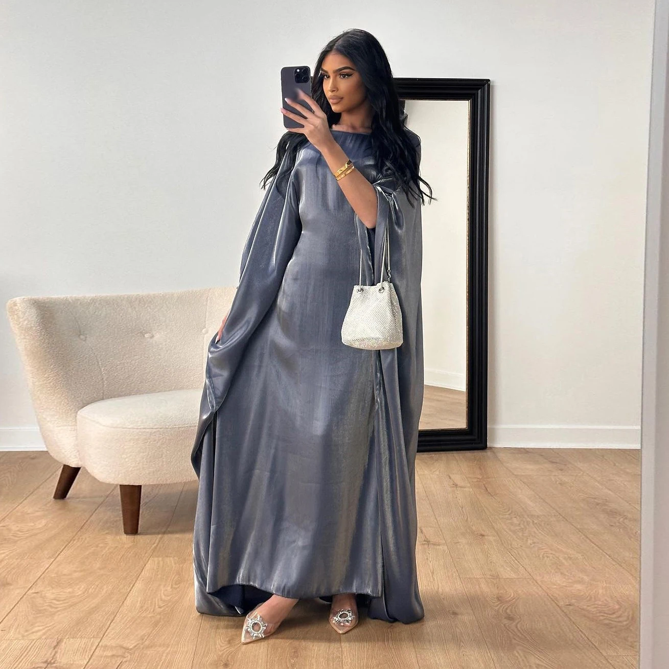 Eid Al-Adha Sahiny Satin Abaya Modest Muslim Dress Women Islamic Jalabiya Dubai Turkey Kaftan Ramadan Djellaba African Robe Gown