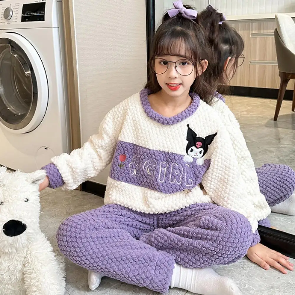 

Детские пижамы Sanrio Kuromi, 2 шт., зимние фланелевые пижамы для мальчиков и девочек, жаккардовые аниме-жаккардовые кавайные милые удобные теплые домашние одежды с героями мультфильмов