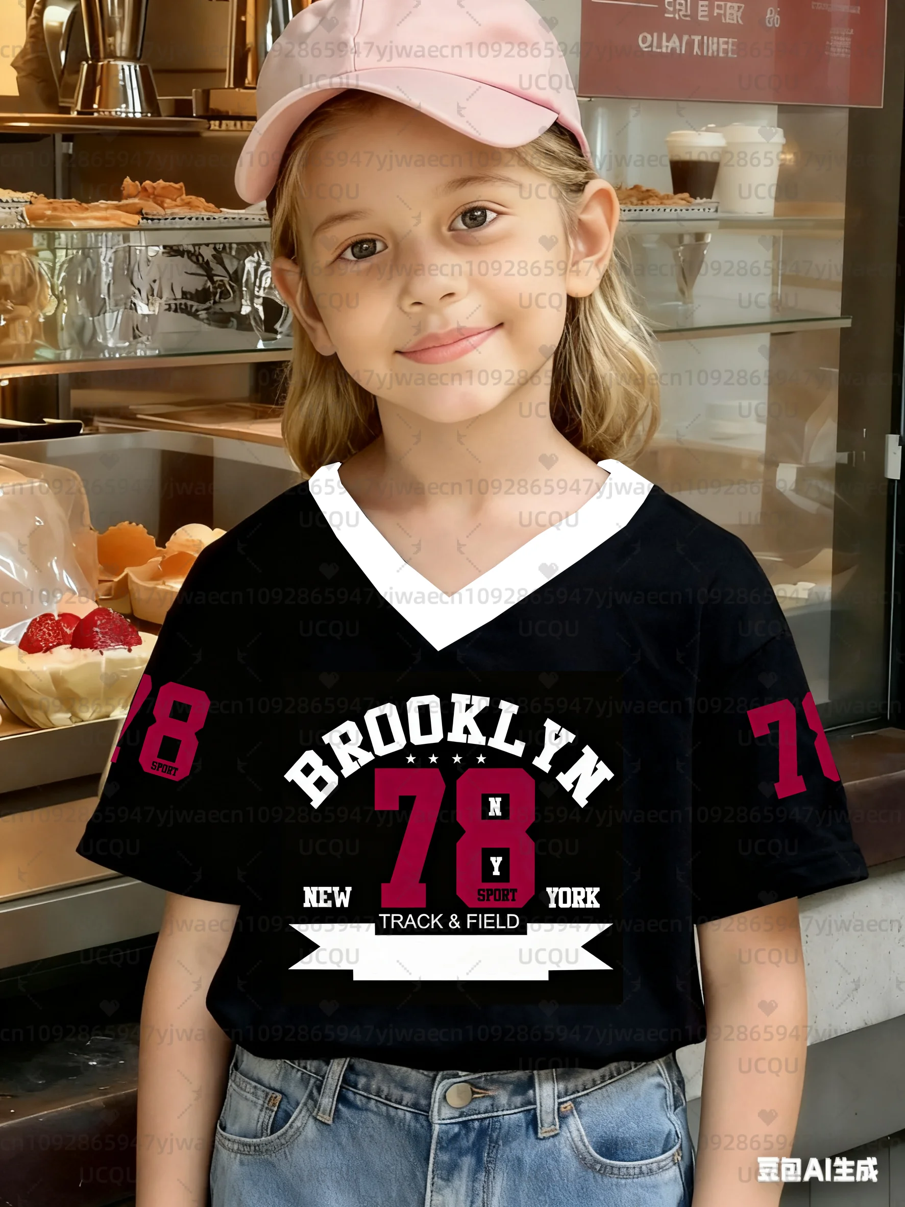 

Girls Casual Sports Style Brooklyn NO.78 Print Short Sleeve V-Neck Women's Children Men's Boy's Parent child T-shirt Tops
