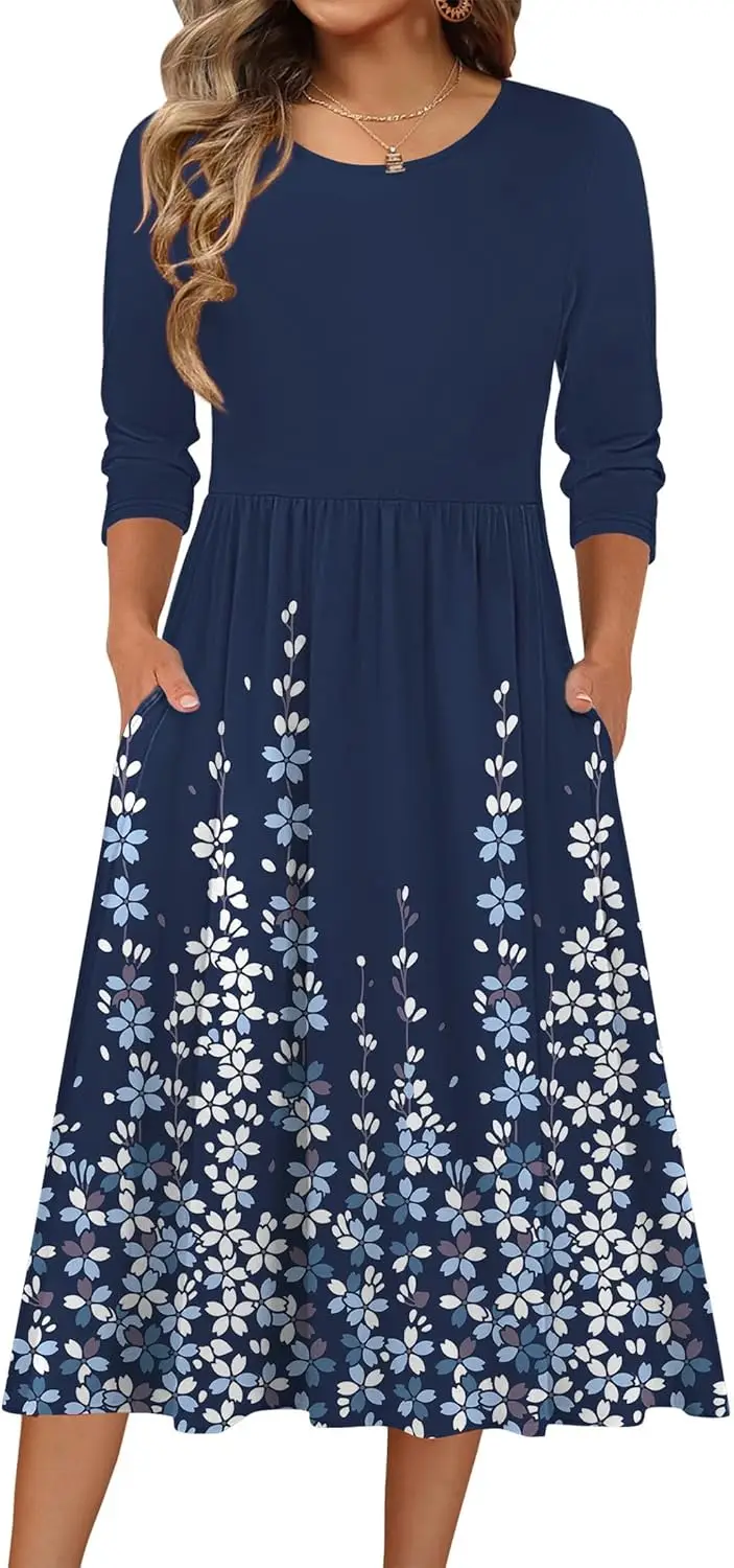 Vestido Casual de Mujer con Manga 3/4, Estilo Boho, Corte A, Midi, con Bolsillos, Cuello Redondo, para la Playa o Vacaciones
