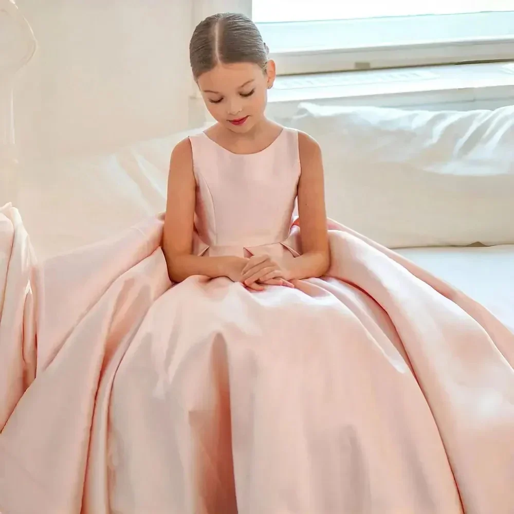 Long Flower Girl Dresses Bow Satin Wedding Party Dress Sleeveless Birthday First Holy Communion Dresses for Girls