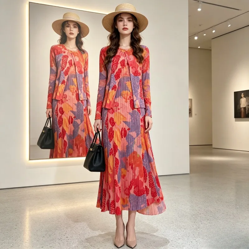 

Miyake Pleated Original Sleeveless Dress Summer New High-end Japanese Style Pleated Green Gradient Print Cardigan Vacation Set