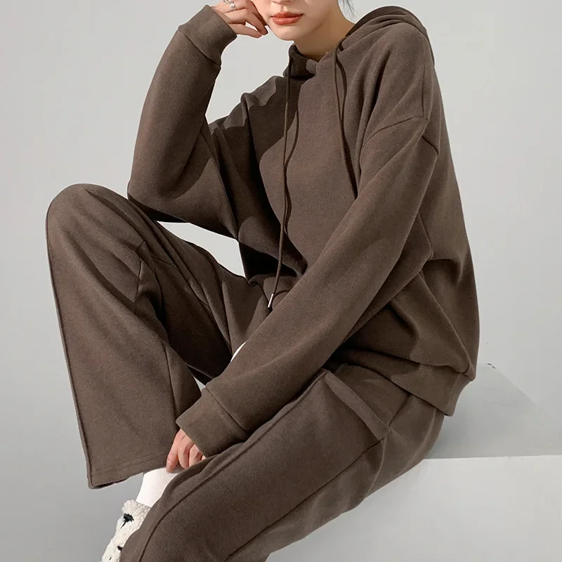 

Women Hooded Tracksuit Two Pieces Set Sweatshirts Pullover Casual Solid Color Streetwear Women Fashion Pullovers Long Pant Sets