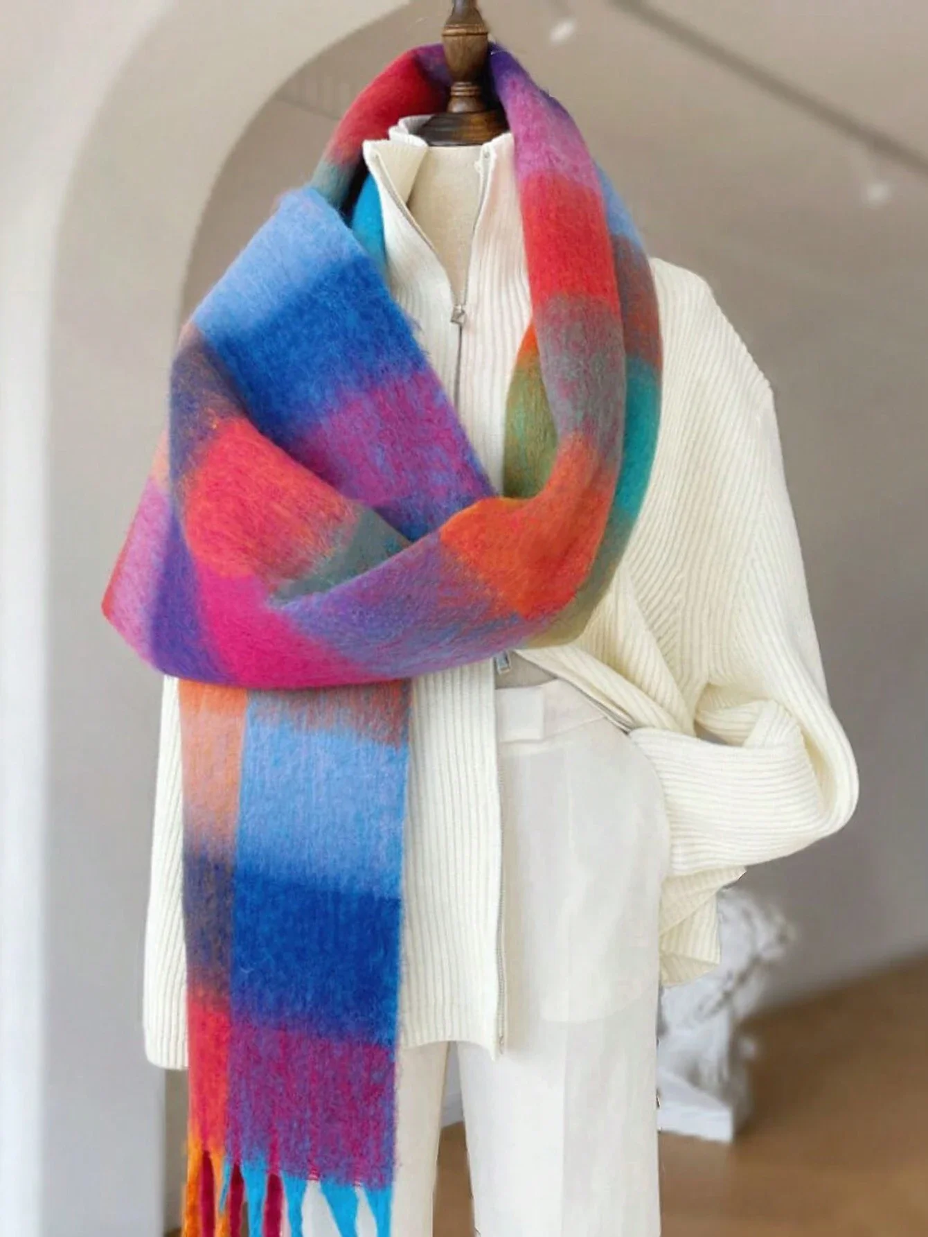 Winter Thick Warm Scarf Women Cashmere Shawl and Wraps Pashmina Neckerchief Bufanda Female Rainbow Hairy Tessel Echarpe New