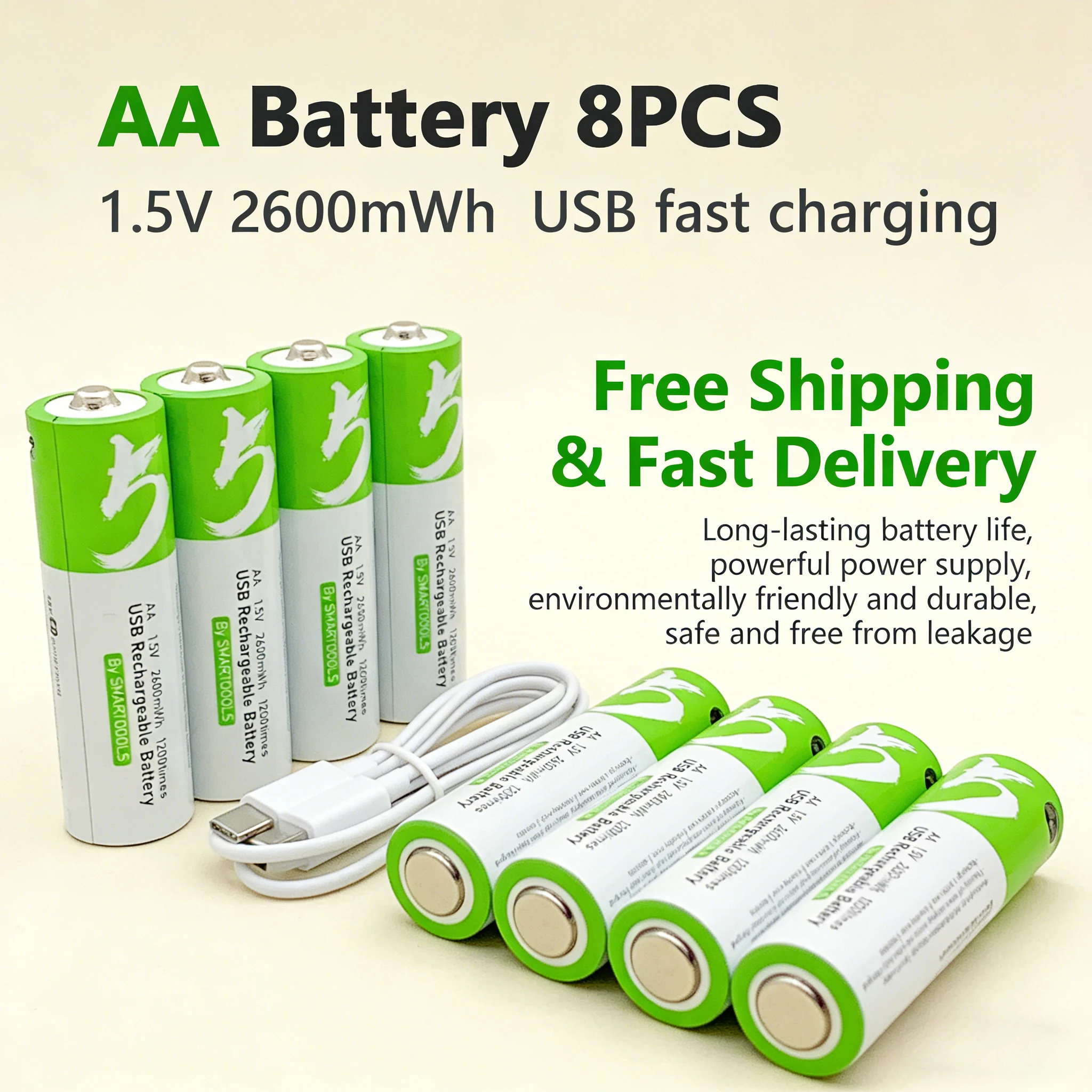 

1.5V AA Lithium Rechargeable Battery 2600mWh High Capacity Li-ion Batteries for Gamepad, Mouse, Toy,1.5V Constant Output + Cable